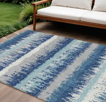 9' X 12' Blue Gray And Ivory Striped Washable Indoor Outdoor Area Rug