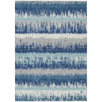 9' X 12' Blue Gray And Ivory Striped Washable Indoor Outdoor Area Rug