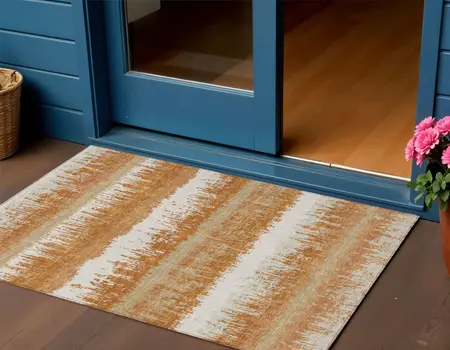 3' X 5' Copper Beige And Ivory Striped Washable Indoor Outdoor Area Rug