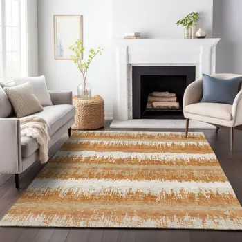 3' X 5' Copper Beige And Ivory Striped Washable Indoor Outdoor Area Rug