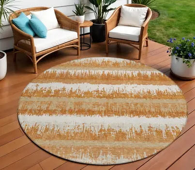 8' Copper Beige And Ivory Round Striped Washable Indoor Outdoor Area Rug