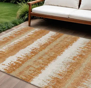 10' X 14' Copper Beige And Ivory Striped Washable Indoor Outdoor Area Rug