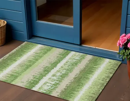 3' X 5' Green Beige And Ivory Striped Washable Indoor Outdoor Area Rug