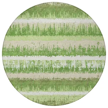 8' Green Beige And Ivory Round Striped Washable Indoor Outdoor Area Rug