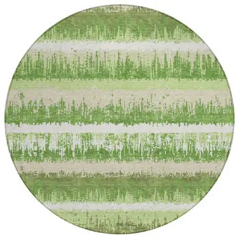 8' Green Beige And Ivory Round Striped Washable Indoor Outdoor Area Rug