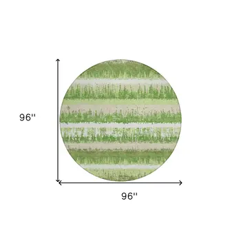 8' Green Beige And Ivory Round Striped Washable Indoor Outdoor Area Rug