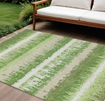 8' X 10' Green Beige And Ivory Striped Washable Indoor Outdoor Area Rug