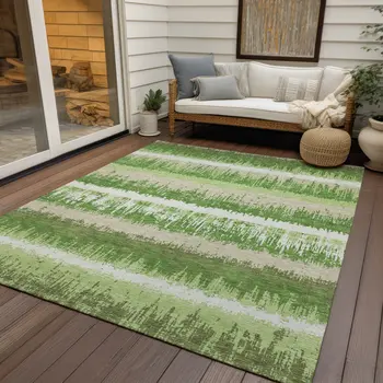 10' X 14' Green Beige And Ivory Striped Washable Indoor Outdoor Area Rug