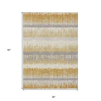 3' X 5' Gold Copper And Gray Striped Washable Indoor Outdoor Area Rug