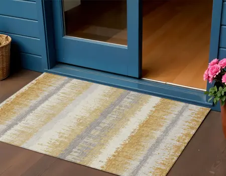 3' X 5' Gold Copper And Gray Striped Washable Indoor Outdoor Area Rug