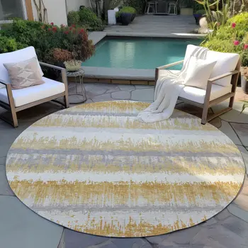 8' Gold Copper And Gray Round Striped Washable Indoor Outdoor Area Rug