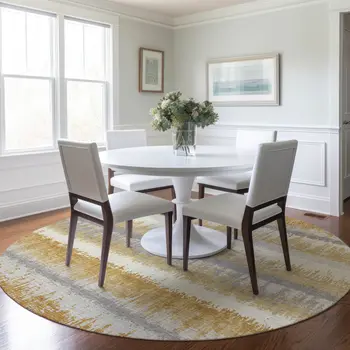 8' Gold Copper And Gray Round Striped Washable Indoor Outdoor Area Rug