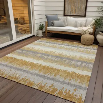 9' X 12' Gold Copper And Gray Striped Washable Indoor Outdoor Area Rug
