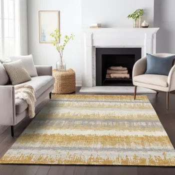 9' X 12' Gold Copper And Gray Striped Washable Indoor Outdoor Area Rug