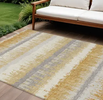 10' X 14' Gold Copper And Gray Striped Washable Indoor Outdoor Area Rug