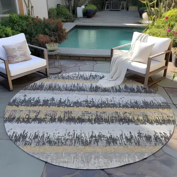 8' Gray Brown And Beige Round Striped Washable Indoor Outdoor Area Rug