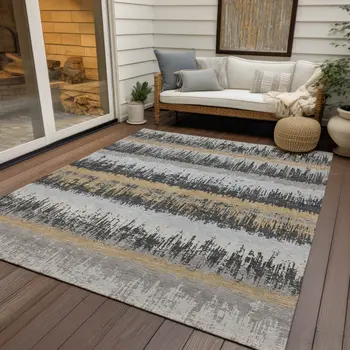 10' X 14' Gray Brown And Beige Striped Washable Indoor Outdoor Area Rug