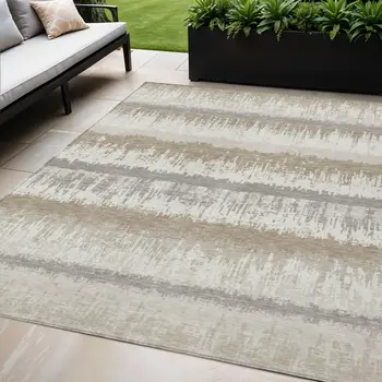 5' X 8' Ivory Gray And Beige Striped Washable Indoor Outdoor Area Rug