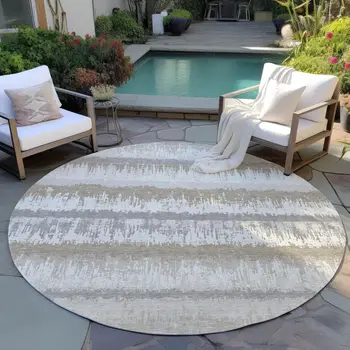 8' Ivory Gray And Beige Round Striped Washable Indoor Outdoor Area Rug