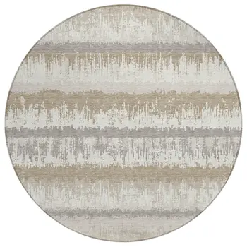 8' Ivory Gray And Beige Round Striped Washable Indoor Outdoor Area Rug