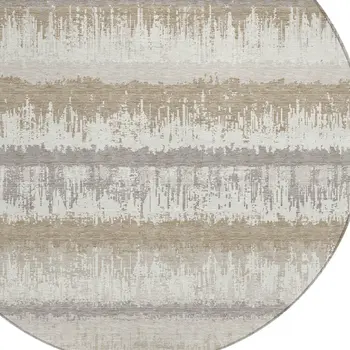 8' Ivory Gray And Beige Round Striped Washable Indoor Outdoor Area Rug