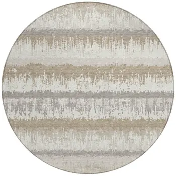8' Ivory Gray And Beige Round Striped Washable Indoor Outdoor Area Rug