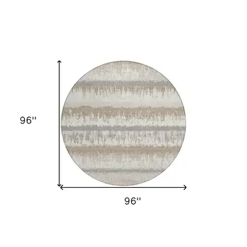 8' Ivory Gray And Beige Round Striped Washable Indoor Outdoor Area Rug