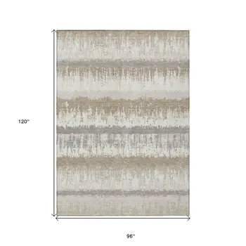 8' X 10' Ivory Gray And Beige Striped Washable Indoor Outdoor Area Rug