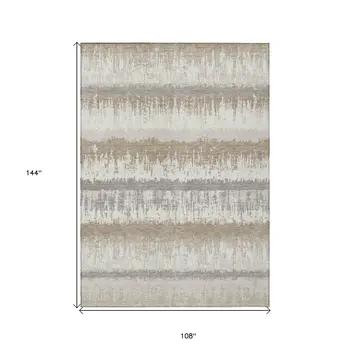 9' X 12' Ivory Gray And Beige Striped Washable Indoor Outdoor Area Rug