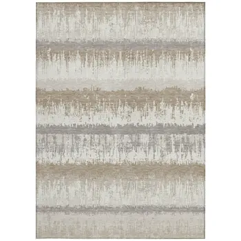 10' X 14' Ivory Gray And Beige Striped Washable Indoor Outdoor Area Rug