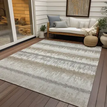 10' X 14' Ivory Gray And Beige Striped Washable Indoor Outdoor Area Rug