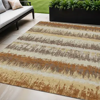 5' X 8' Brown Beige And Ivory Striped Washable Indoor Outdoor Area Rug