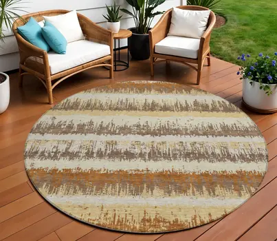 8' Brown Beige And Ivory Round Striped Washable Indoor Outdoor Area Rug