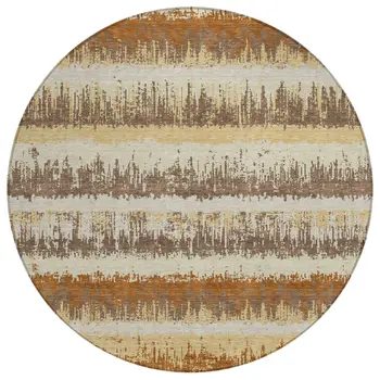 8' Brown Beige And Ivory Round Striped Washable Indoor Outdoor Area Rug