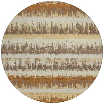 8' Brown Beige And Ivory Round Striped Washable Indoor Outdoor Area Rug