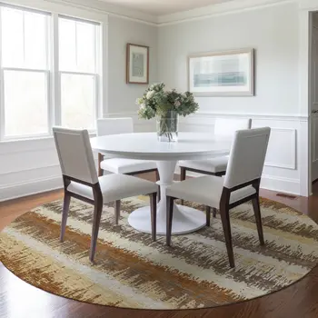 8' Brown Beige And Ivory Round Striped Washable Indoor Outdoor Area Rug