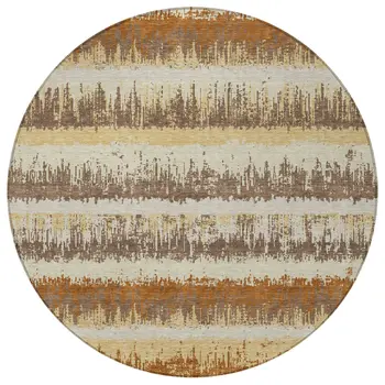8' Brown Beige And Ivory Round Striped Washable Indoor Outdoor Area Rug