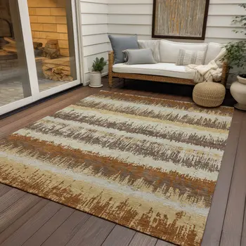 8' X 10' Brown Beige And Ivory Striped Washable Indoor Outdoor Area Rug