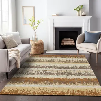 8' X 10' Brown Beige And Ivory Striped Washable Indoor Outdoor Area Rug