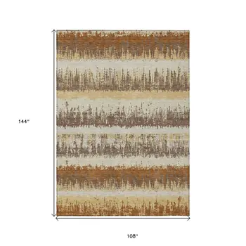 9' X 12' Brown Beige And Ivory Striped Washable Indoor Outdoor Area Rug