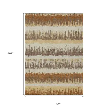 10' X 14' Brown Beige And Ivory Striped Washable Indoor Outdoor Area Rug