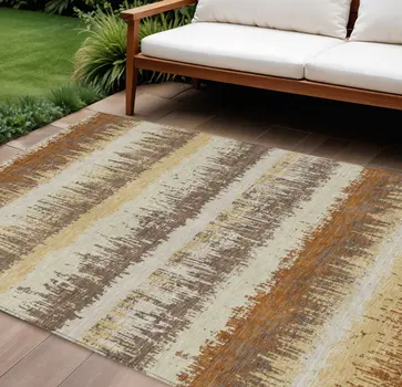 10' X 14' Brown Beige And Ivory Striped Washable Indoor Outdoor Area Rug