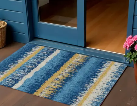 3' X 5' Navy Blue Gold And Ivory Striped Washable Indoor Outdoor Area Rug