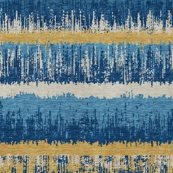 3' X 5' Navy Blue Gold And Ivory Striped Washable Indoor Outdoor Area Rug