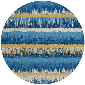 8' Navy Blue Gold And Ivory Round Striped Washable Indoor Outdoor Area Rug