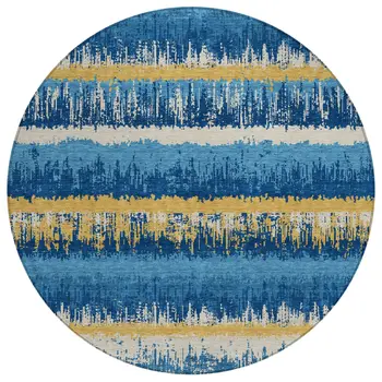8' Navy Blue Gold And Ivory Round Striped Washable Indoor Outdoor Area Rug