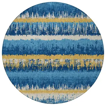 8' Navy Blue Gold And Ivory Round Striped Washable Indoor Outdoor Area Rug