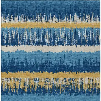 10' X 14' Navy Blue Gold And Ivory Striped Washable Indoor Outdoor Area Rug