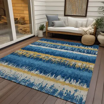 10' X 14' Navy Blue Gold And Ivory Striped Washable Indoor Outdoor Area Rug