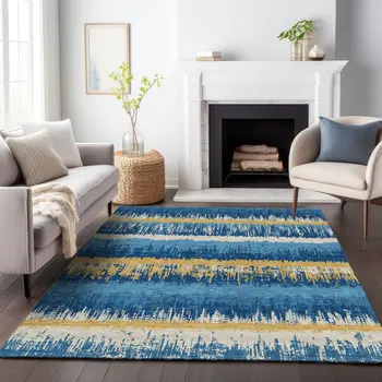 10' X 14' Navy Blue Gold And Ivory Striped Washable Indoor Outdoor Area Rug